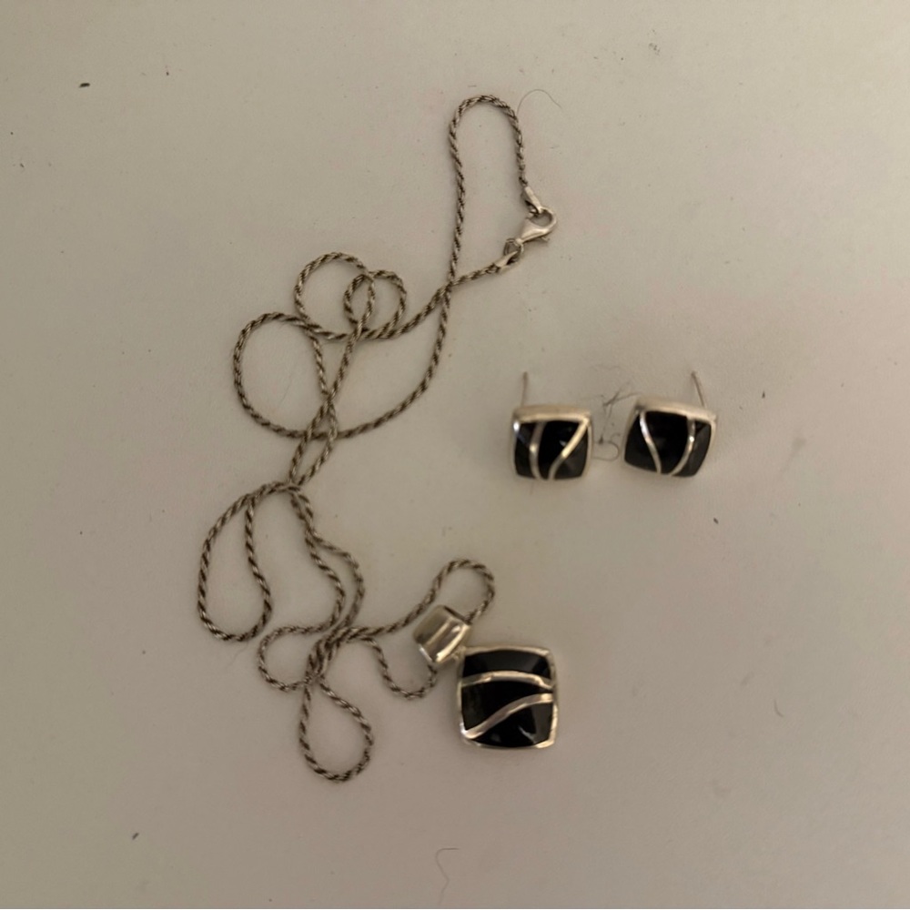 Onyx and Silver Necklace and Earring Set